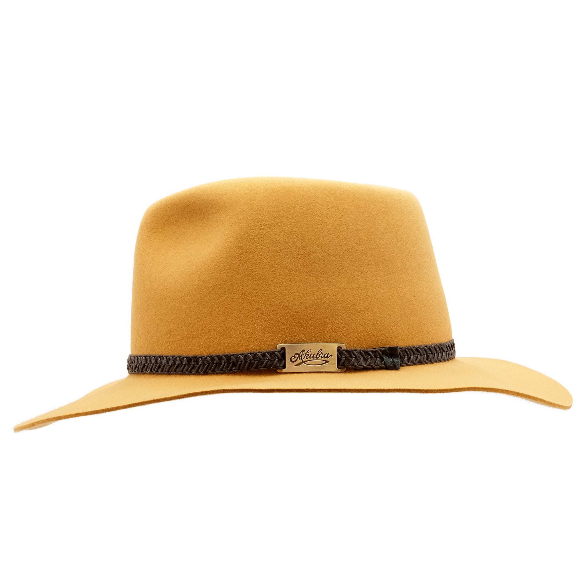 Side view of Ochre coloured Akubra Avalon hat