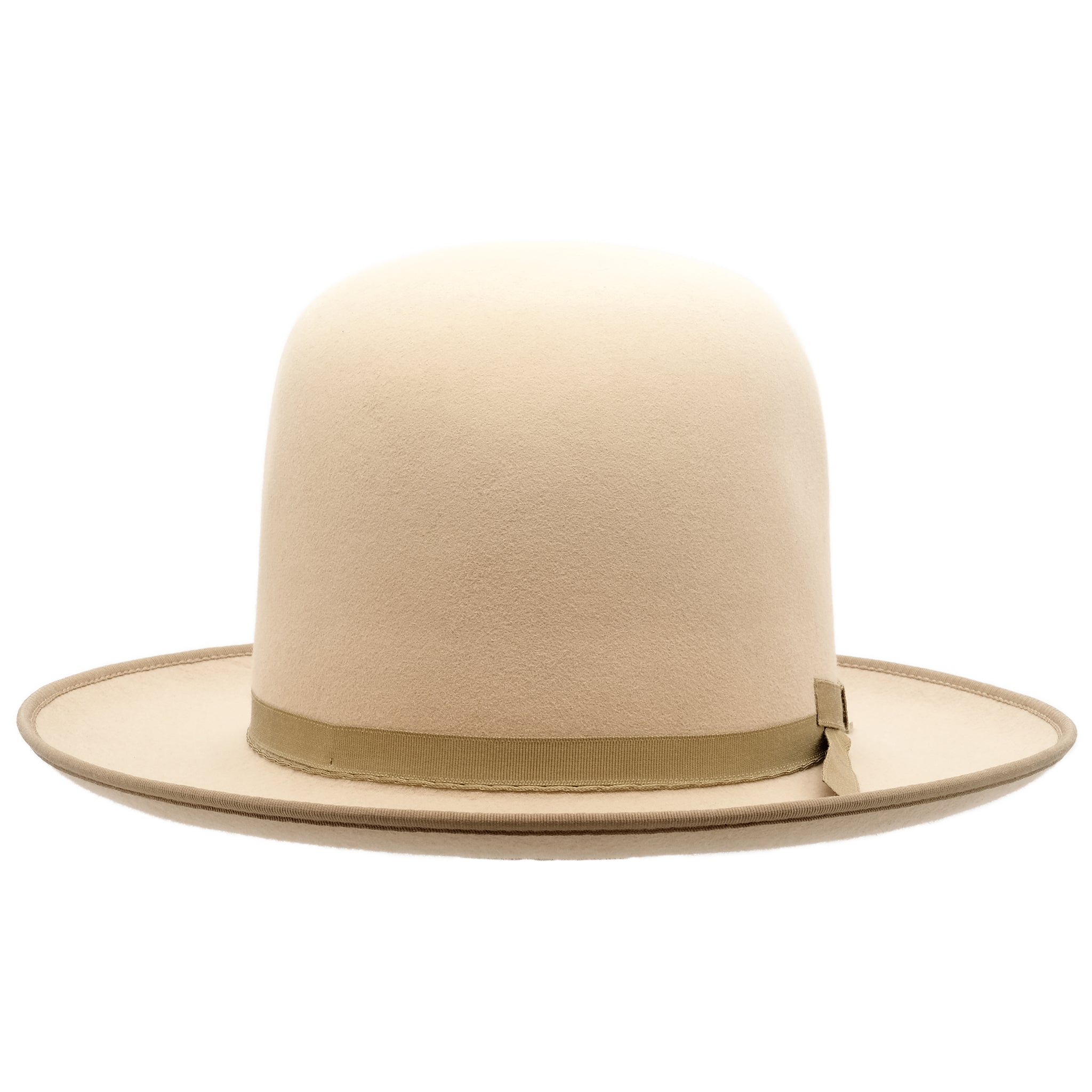 Front view of Akubra Campdraft in Silver Belly Sand colour, shown with an open crown