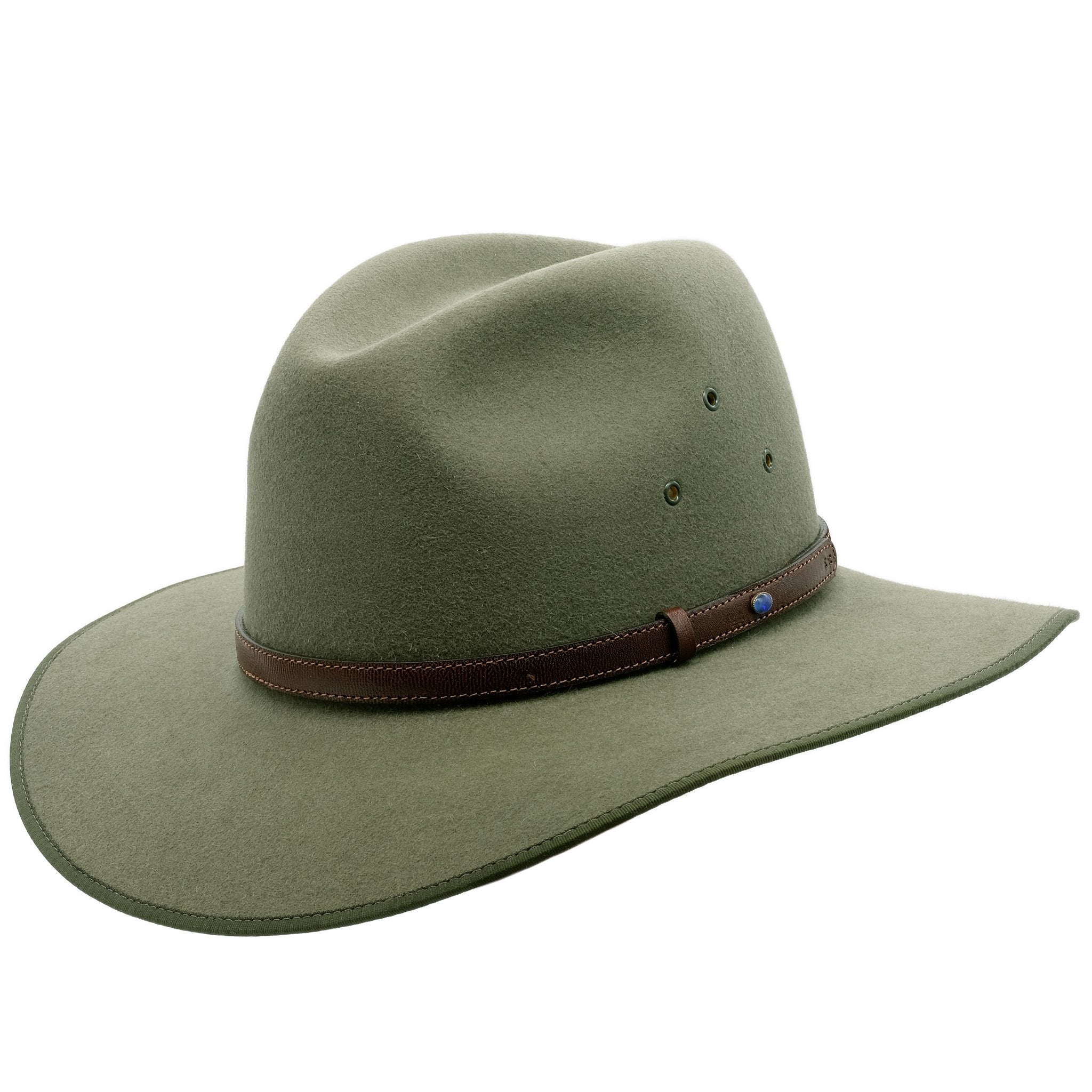 Angle view of Akubra Coober Pedy hat in Bluegrass green colour