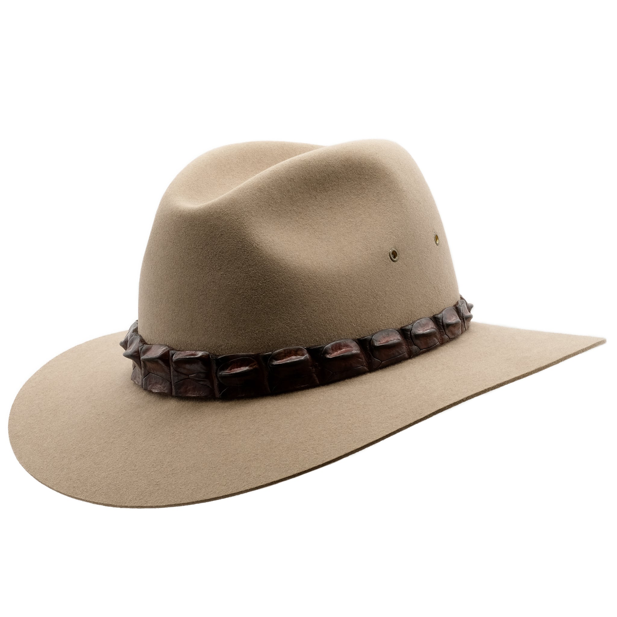 Angle view of the Bran coloured Akubra Coolabah hat