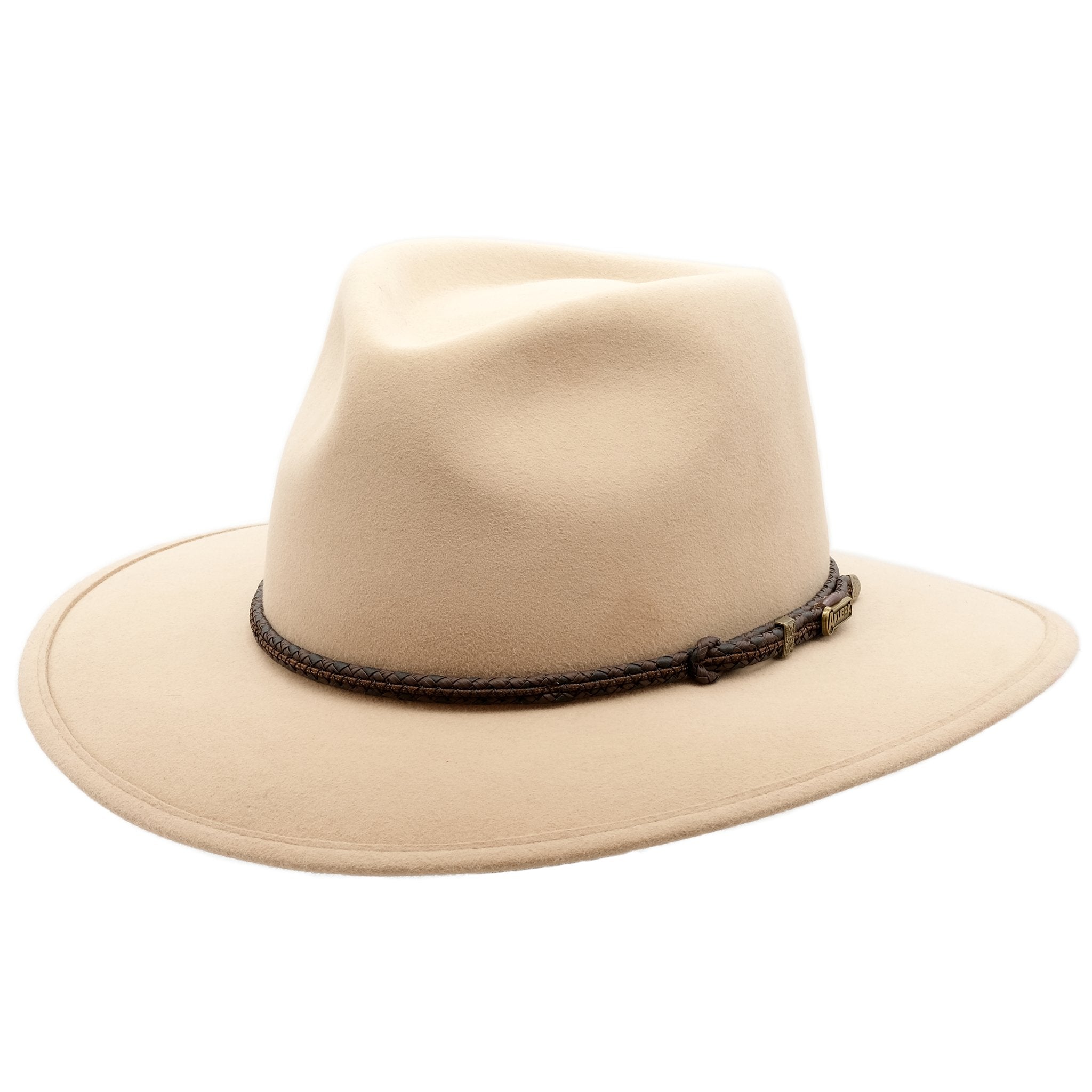 Angle view of sand coloured Akubra traveller style hat