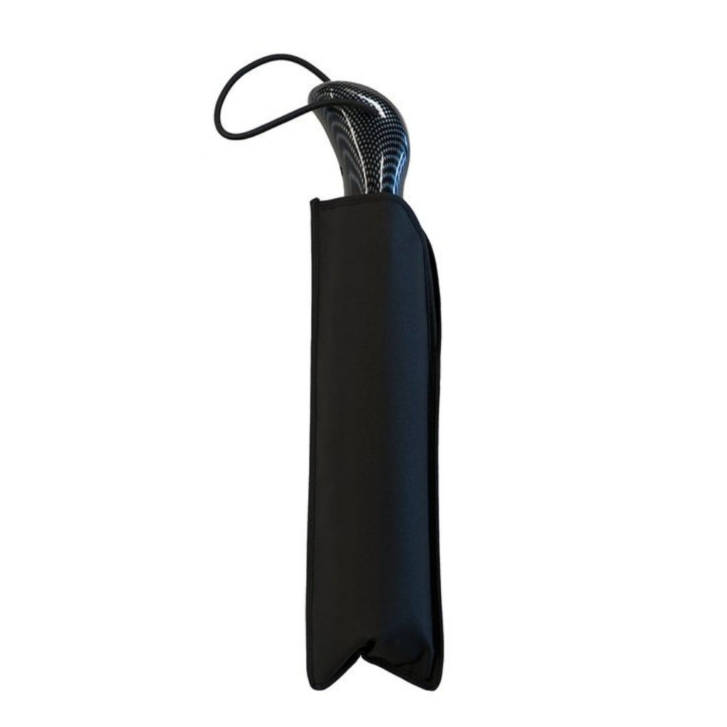Clifton Black Vented Modern umbrella with Carbon Fibre Handle, shown bagged.