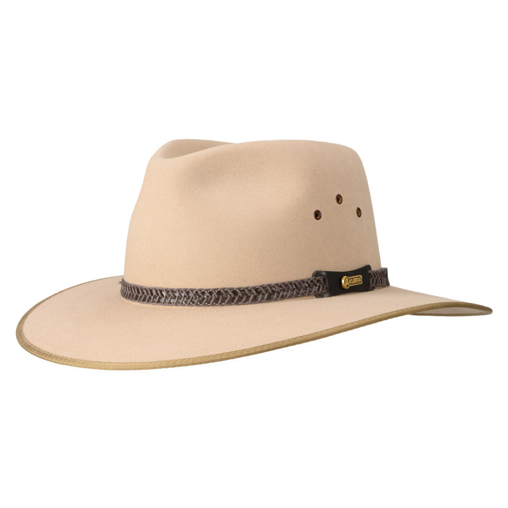 Angle view of Akubra Tablelands hat in sand colour