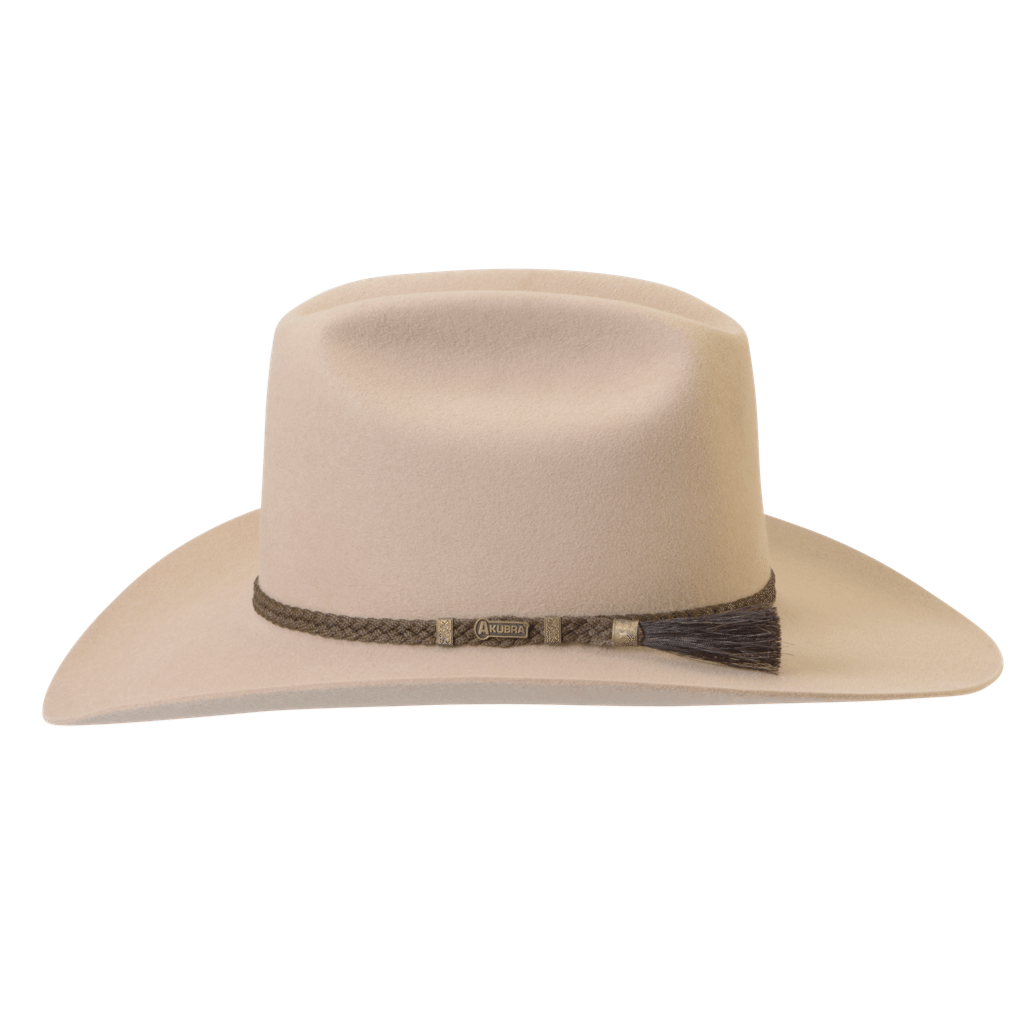 side view of Akubra the Arena hat in sand colour showing hatband detail