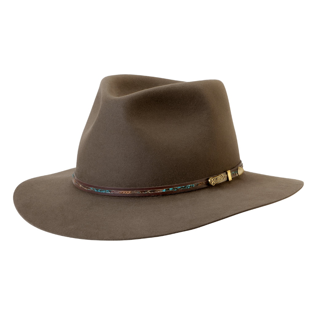 angle view of Akubra Leisure Time hat in Regency Fawn colour
