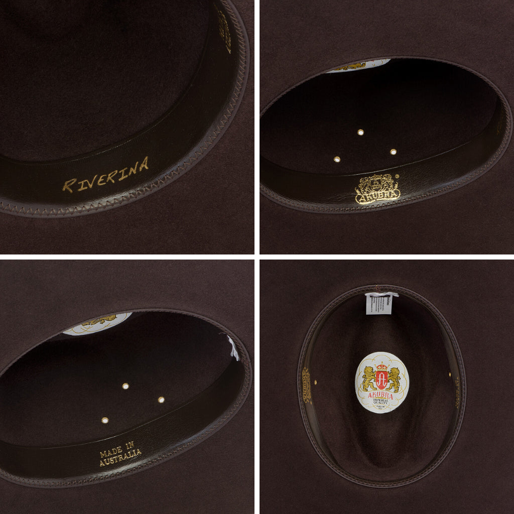 Compilation of images of interior  of Akubra Riverina hat in Loden colour
