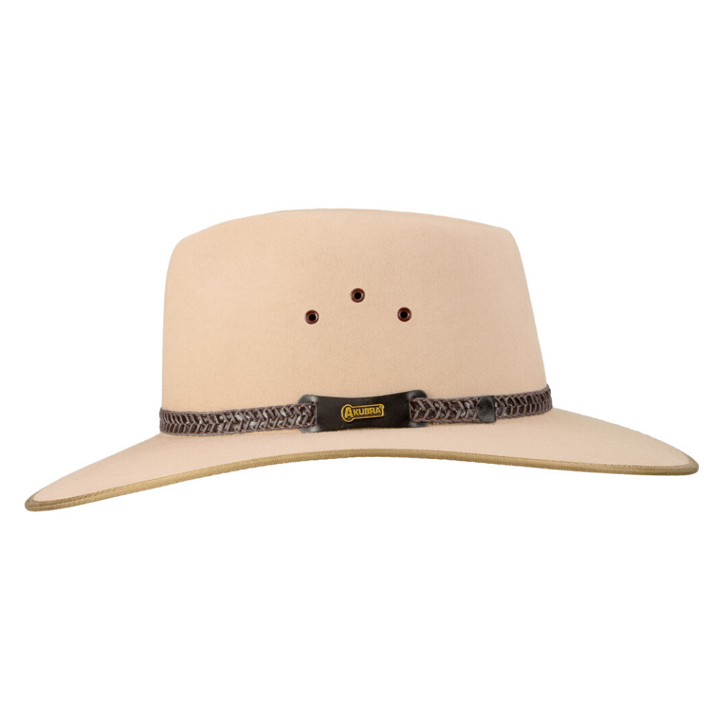 Side view of Akubra Tablelands hat in sand colour