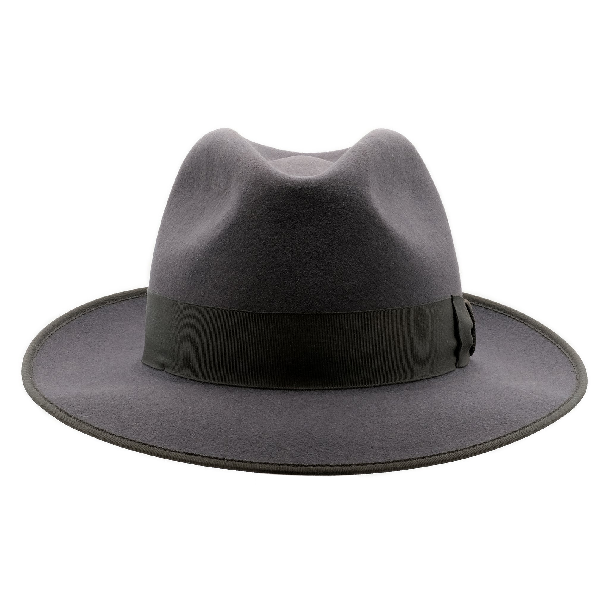 Front on view of Akubra Bogart hat in Carbon Grey