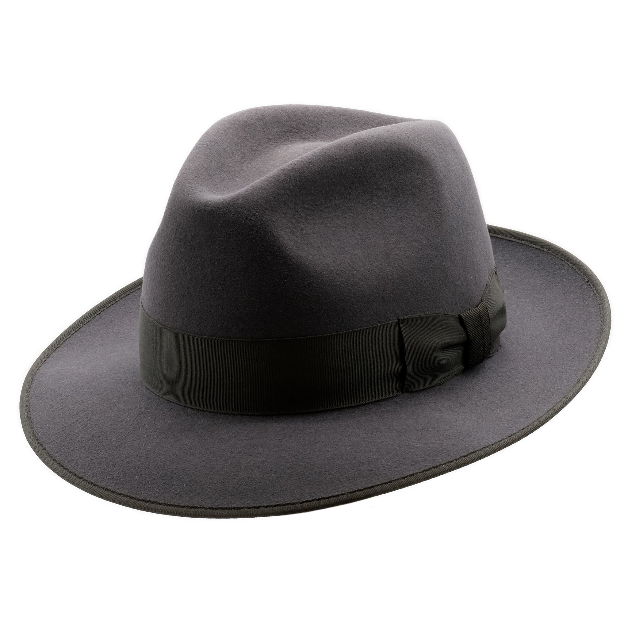 Angle view of Akubra Bogart hat in Carbon Grey