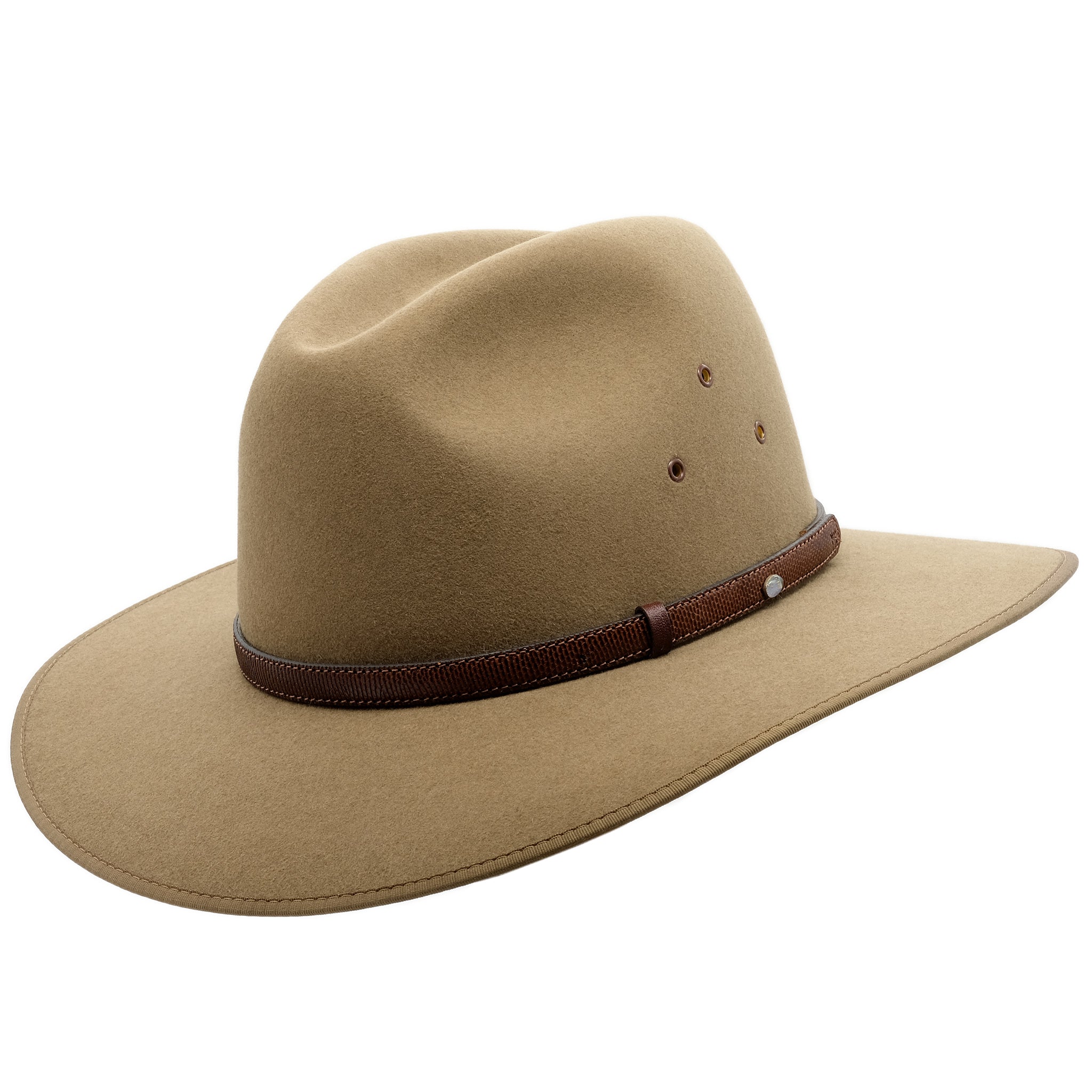 Angle view of the Akubra Coober Pedy hat in Santone colour