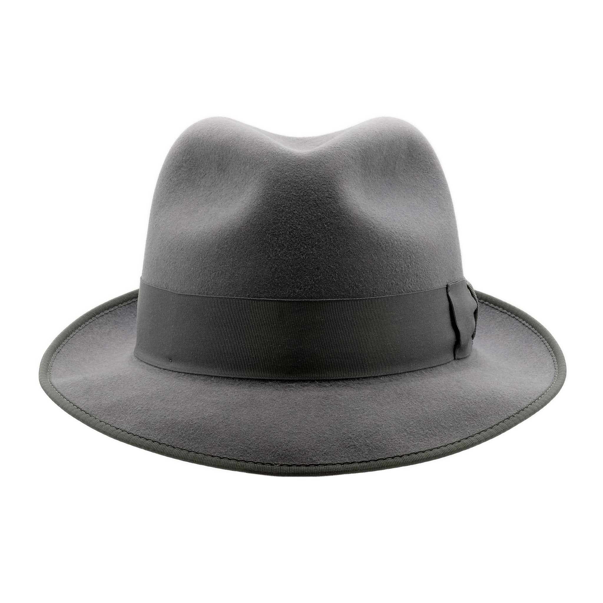 Front-on view of Akubra Hampton hat in Cruiser Grey colour