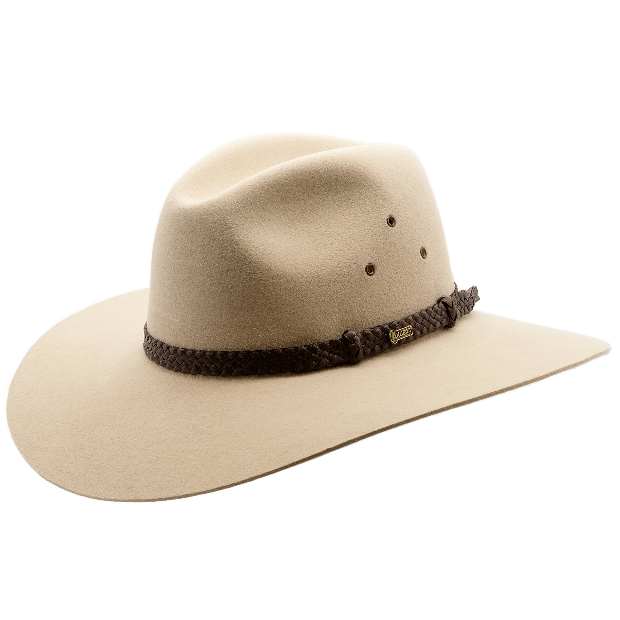 Angle view of Akubra Riverina hat in Sand colour
