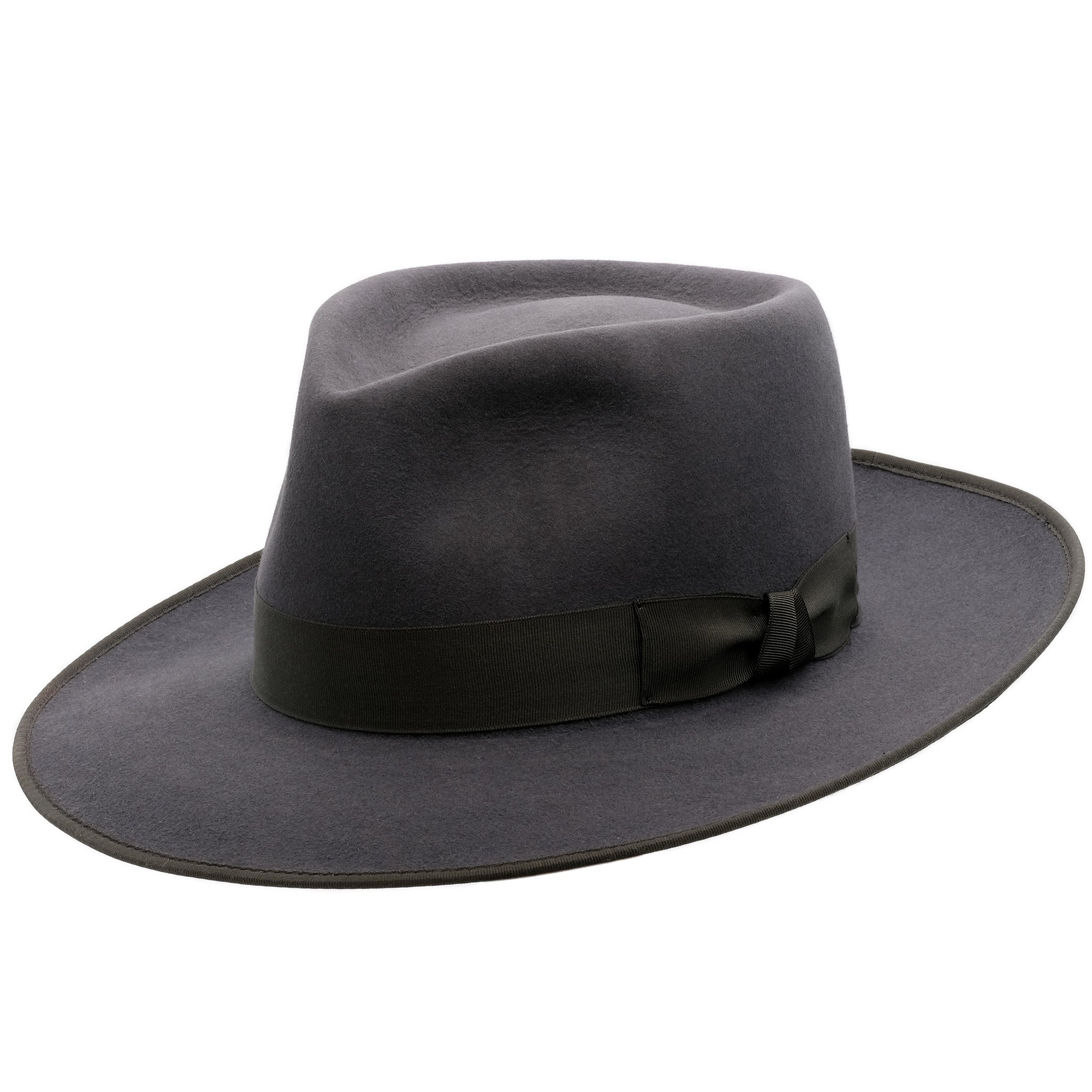 Angle view of Akubra Squatter hat in Carbon grey colour, shown with shaped crown