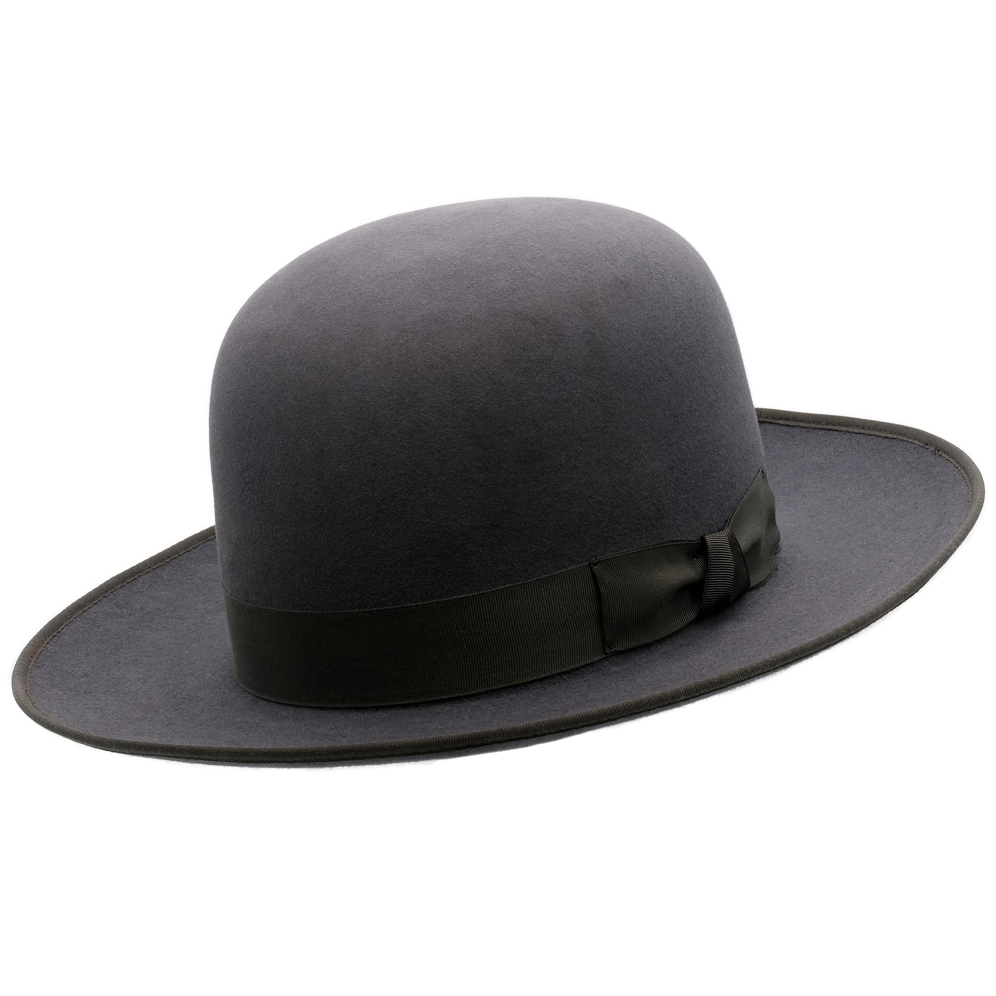 Angle view of Akubra Squatter hat in Carbon grey colour, shown with open crown