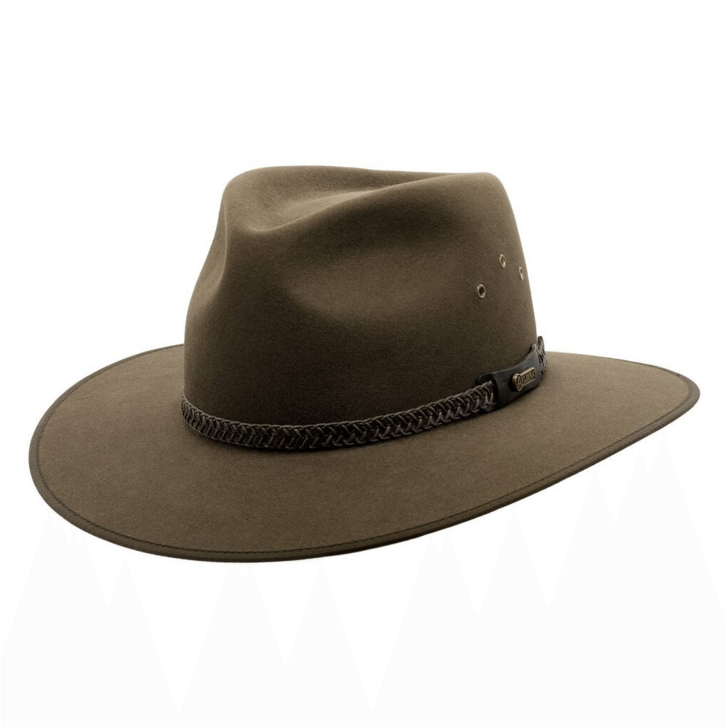 Angle view of Akubra Tablelands hat in Brown Olive colour