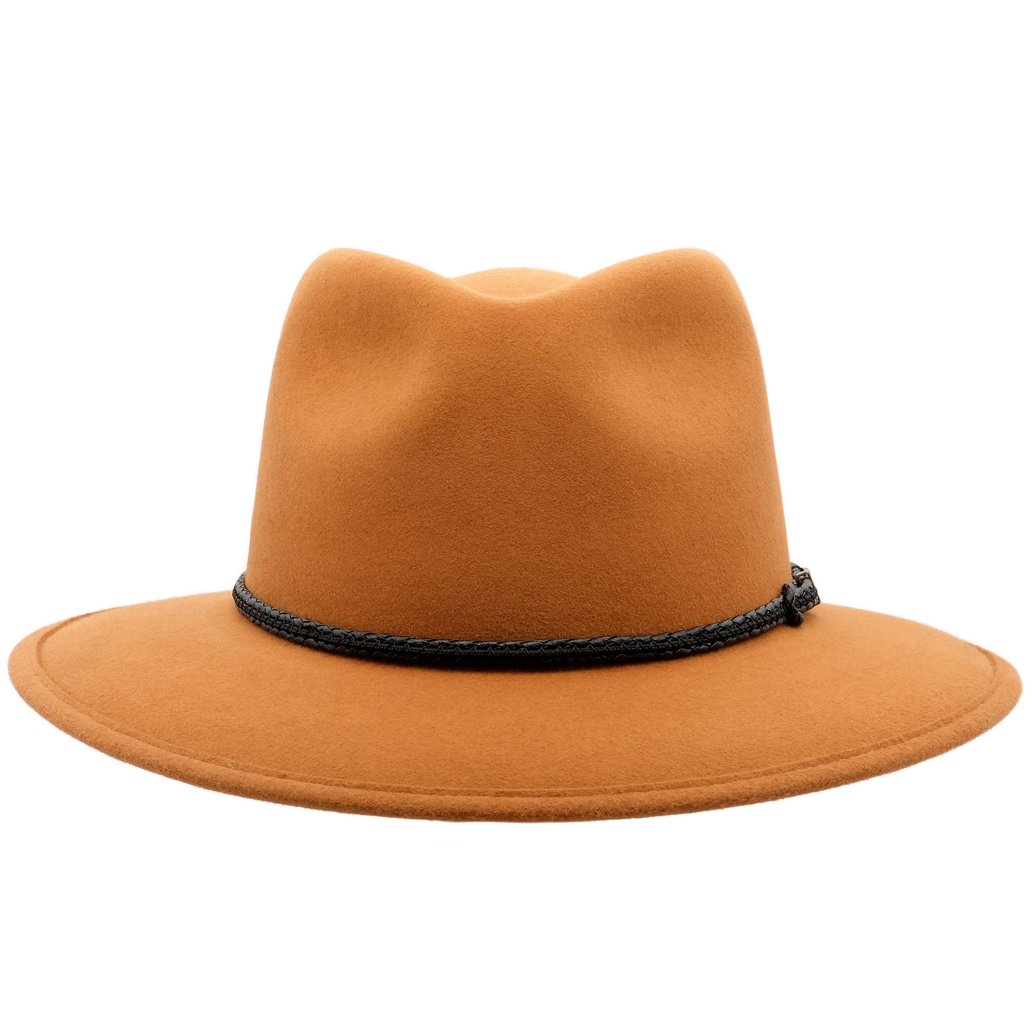 Front view of the rust coloured Akubra Traveller hat