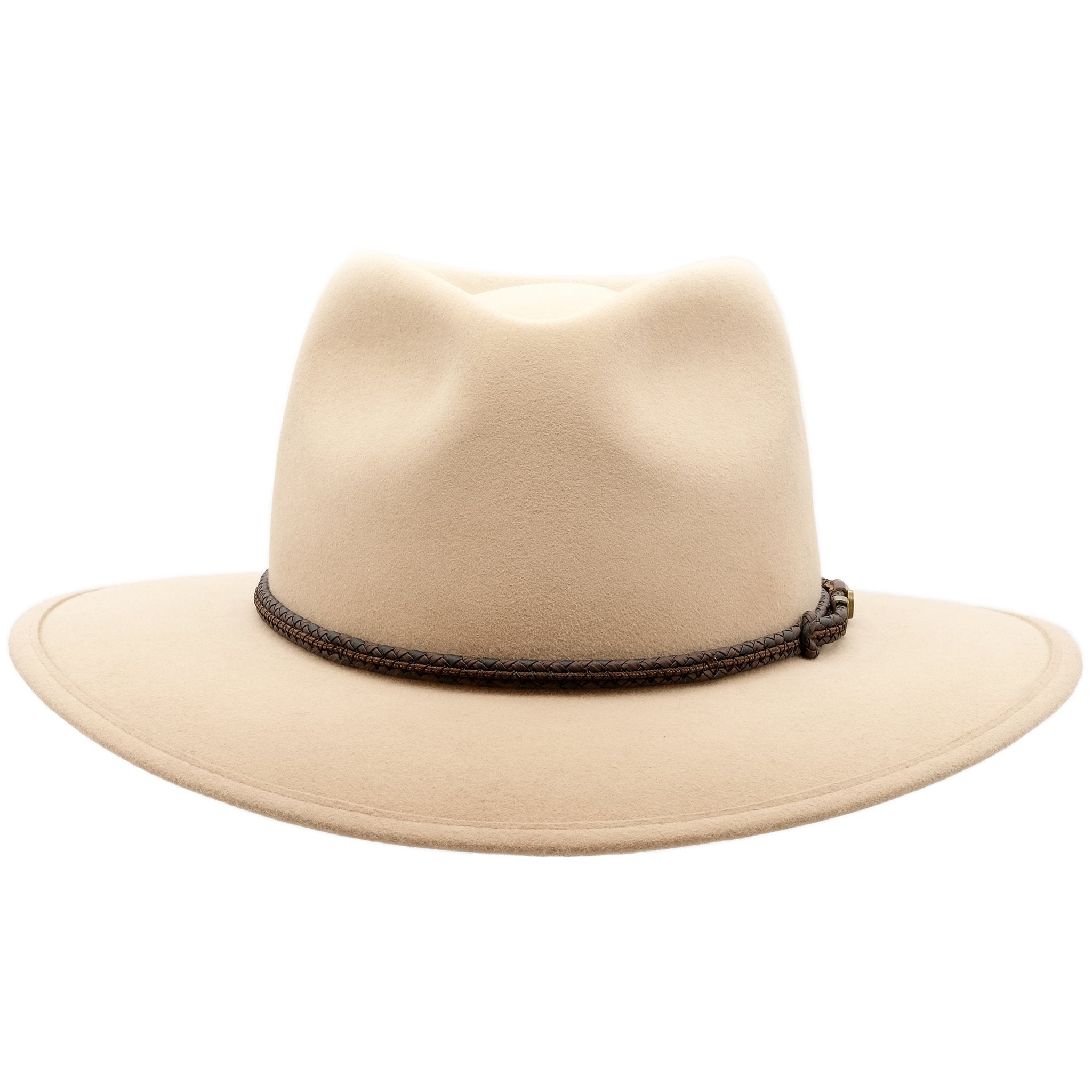 front view of sand coloured Akubra traveller style hat