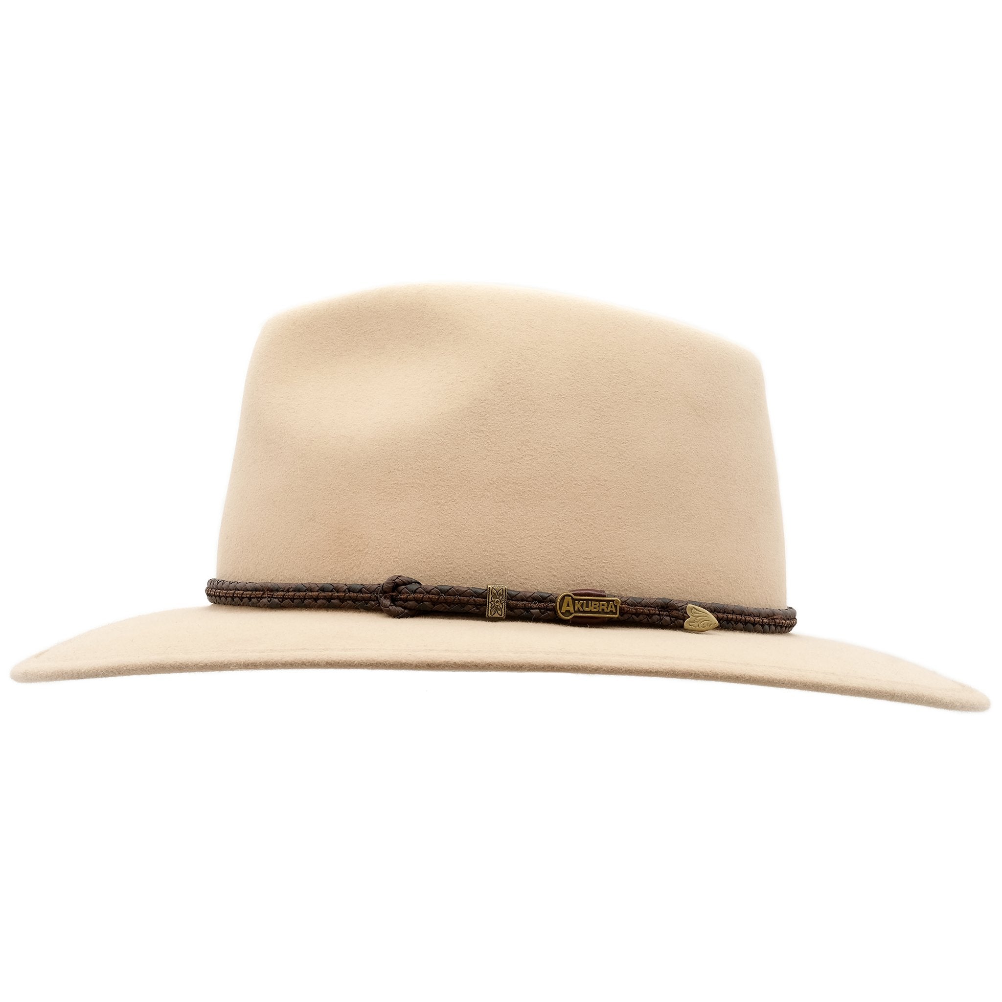 side view of sand coloured Akubra traveller style hat