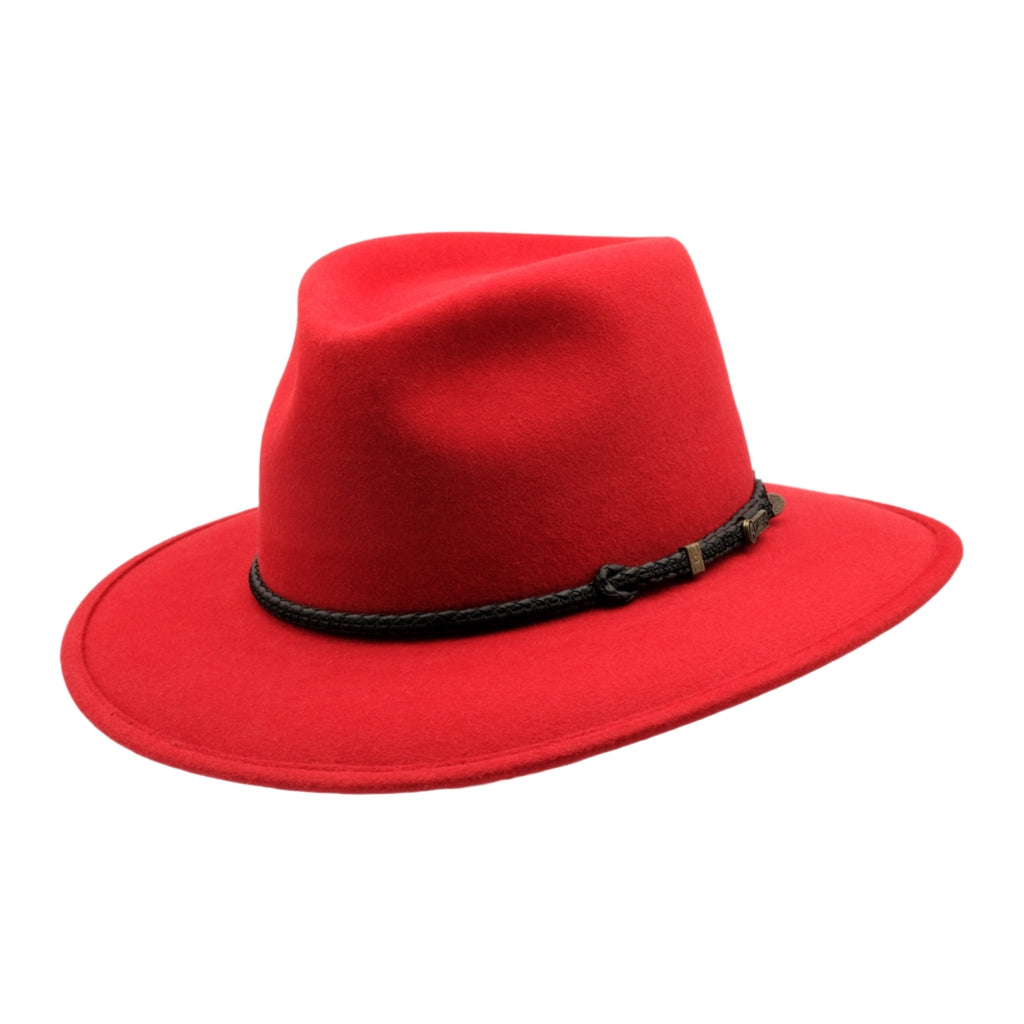 Angle view of Akubra Traveller hat in Rodeo red