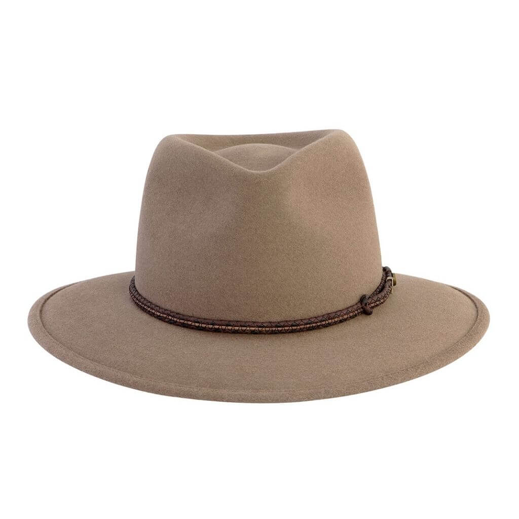 Front  view of the bran coloured Akubra Traveller hat