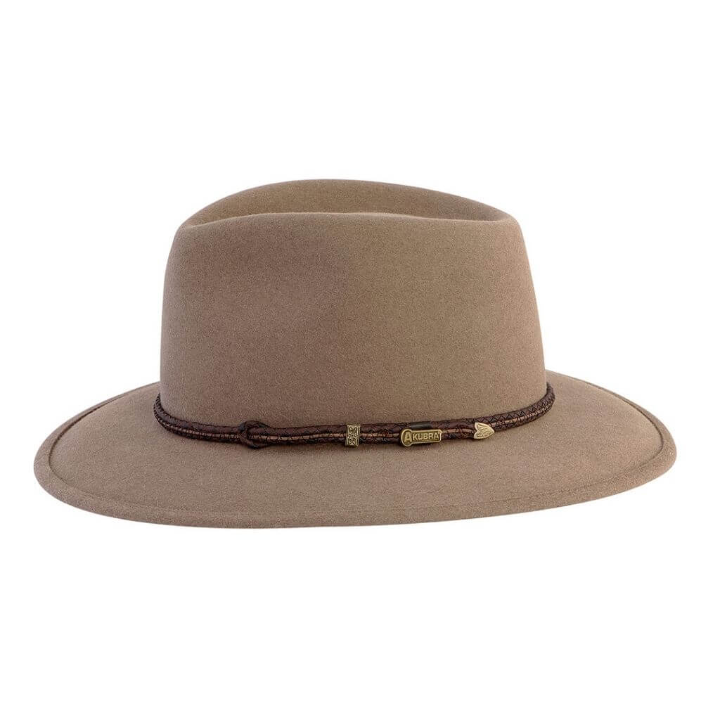Side view of the bran coloured Akubra Traveller hat showing band detail.
