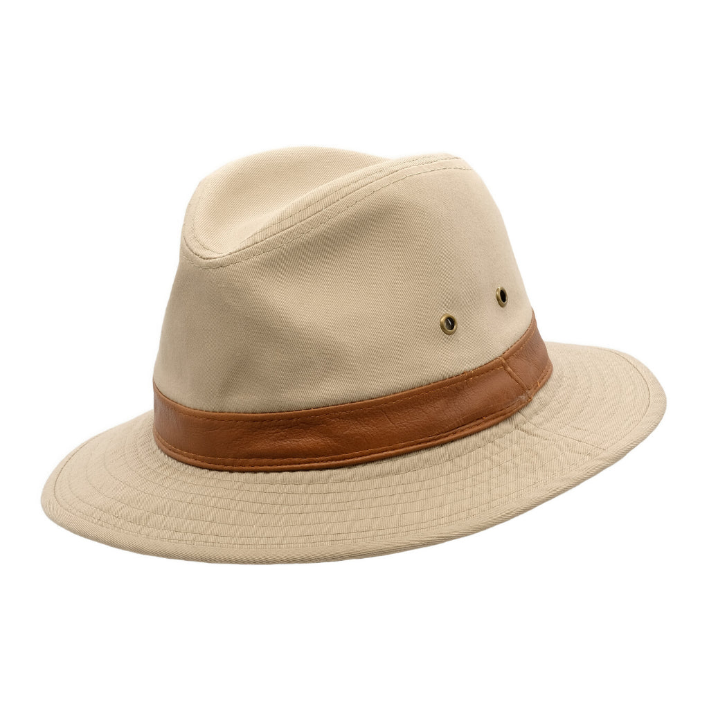 Angle view of Avenel Washed Cotton Safari hat in Khaki SMC918