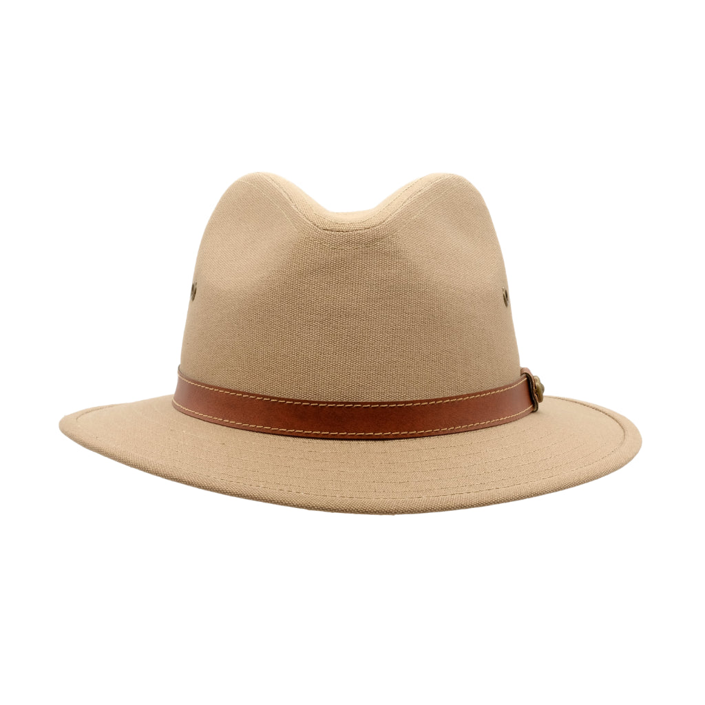 Strand Hatters, front view of Avenel Blocked Canvas Safari hat- Khaki