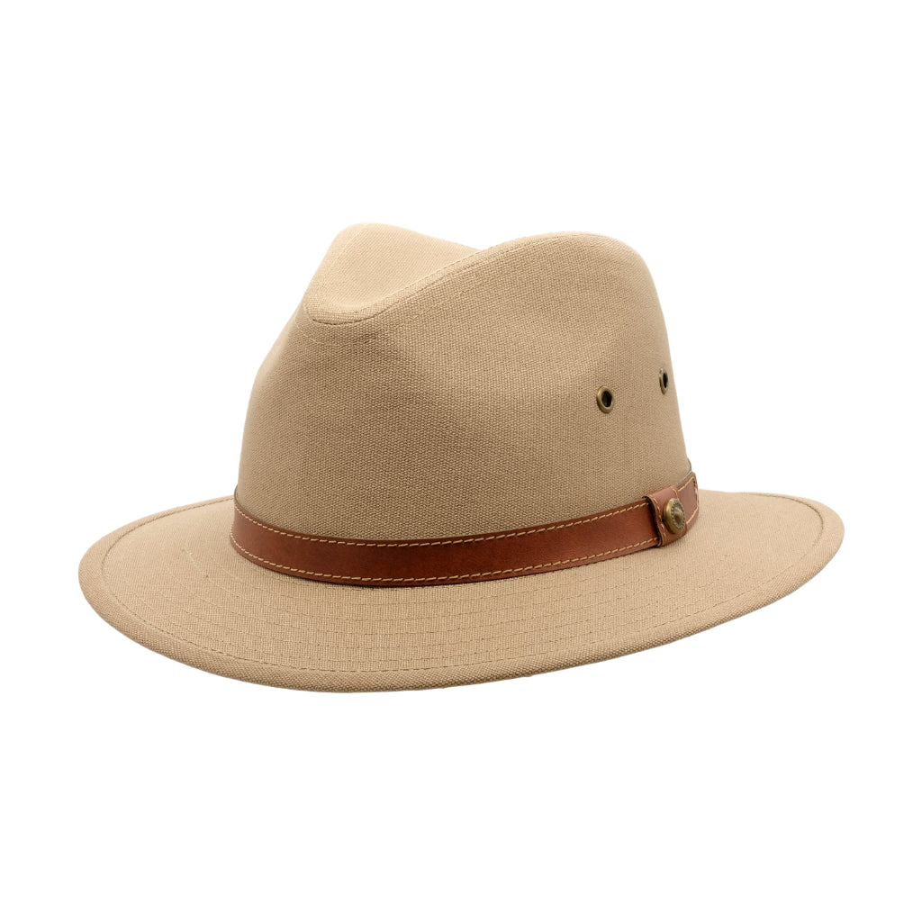 Strand Hatters, angle view of Avenel Blocked Canvas Safari hat- Khaki