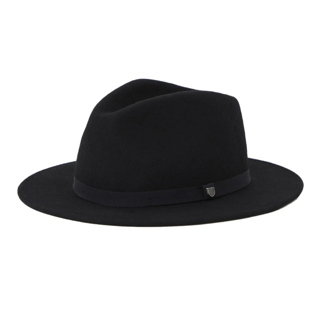 Angle view of Brixton Messer packable Fedora in black with black band.