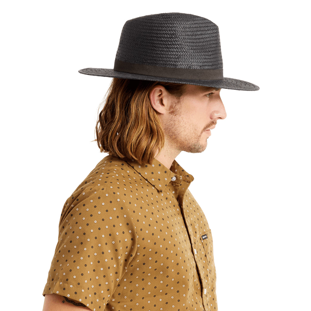 Side view of person wearing black Brixton Passage straw Sun Hat.