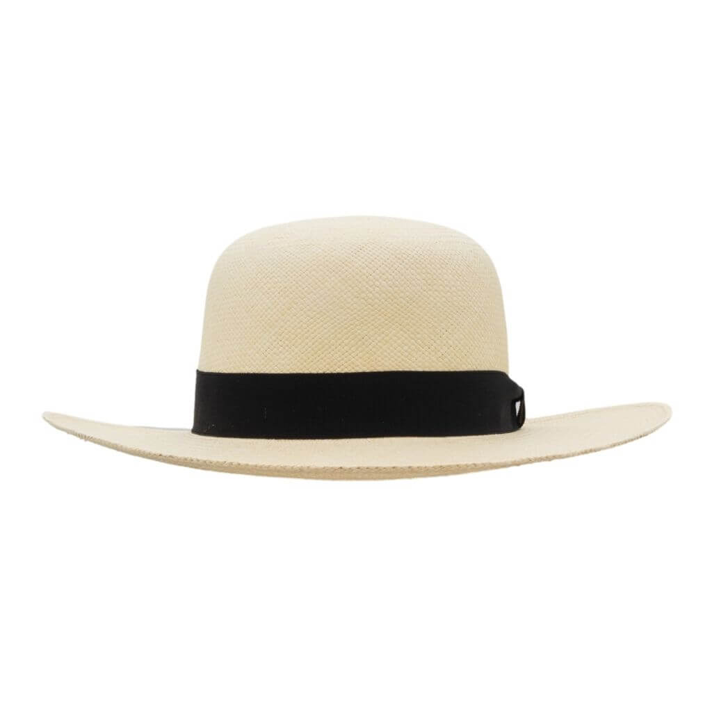 Front on view of Camilo Ladies Derby Panama, Natural colour with Black Grosgrain