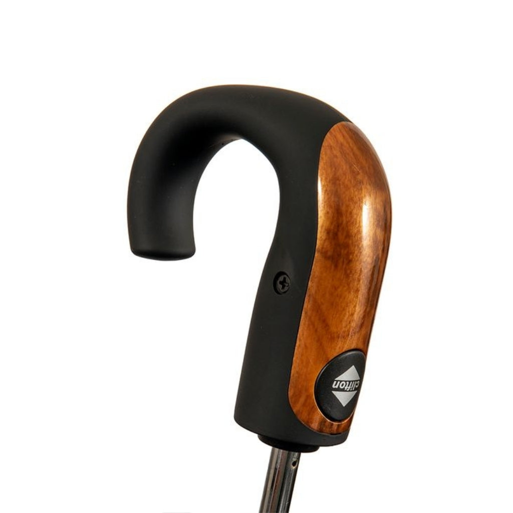 Close-up of handle of Clifton Umbrella - Black with Wood Trim Handle (Short)