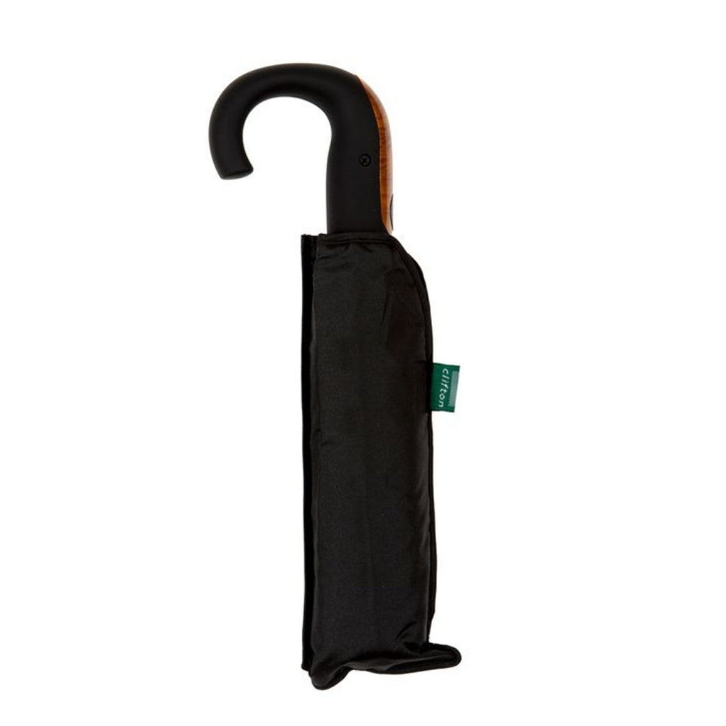 Clifton Umbrella - Black with Wood Trim Handle (Short), bagged view