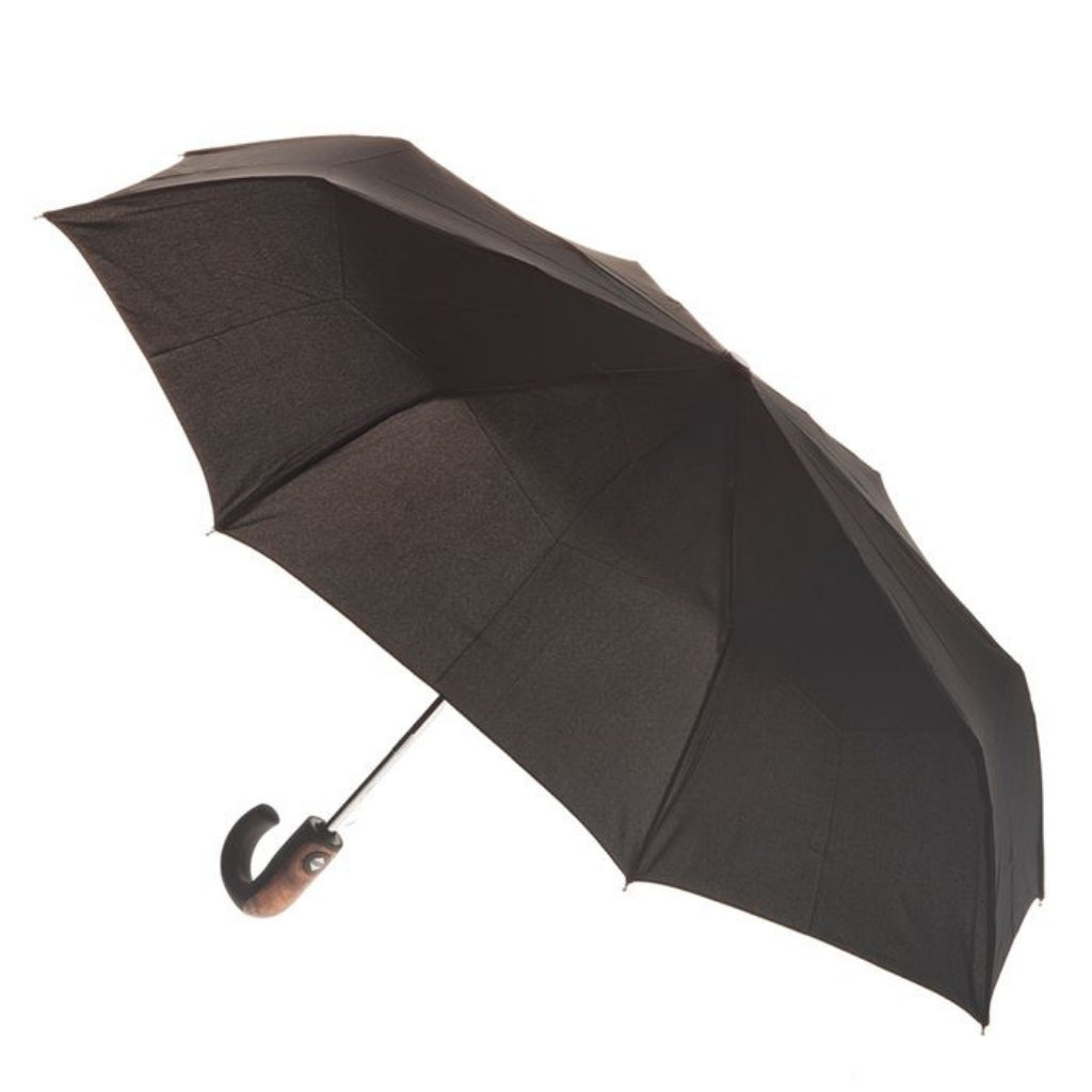 Clifton Umbrella - Black with Wood Trim Handle (Short), shown open.