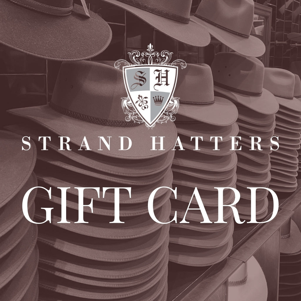 Image of hats on shelf overlayed with Strad Hatter logo and the words "Gift Card"