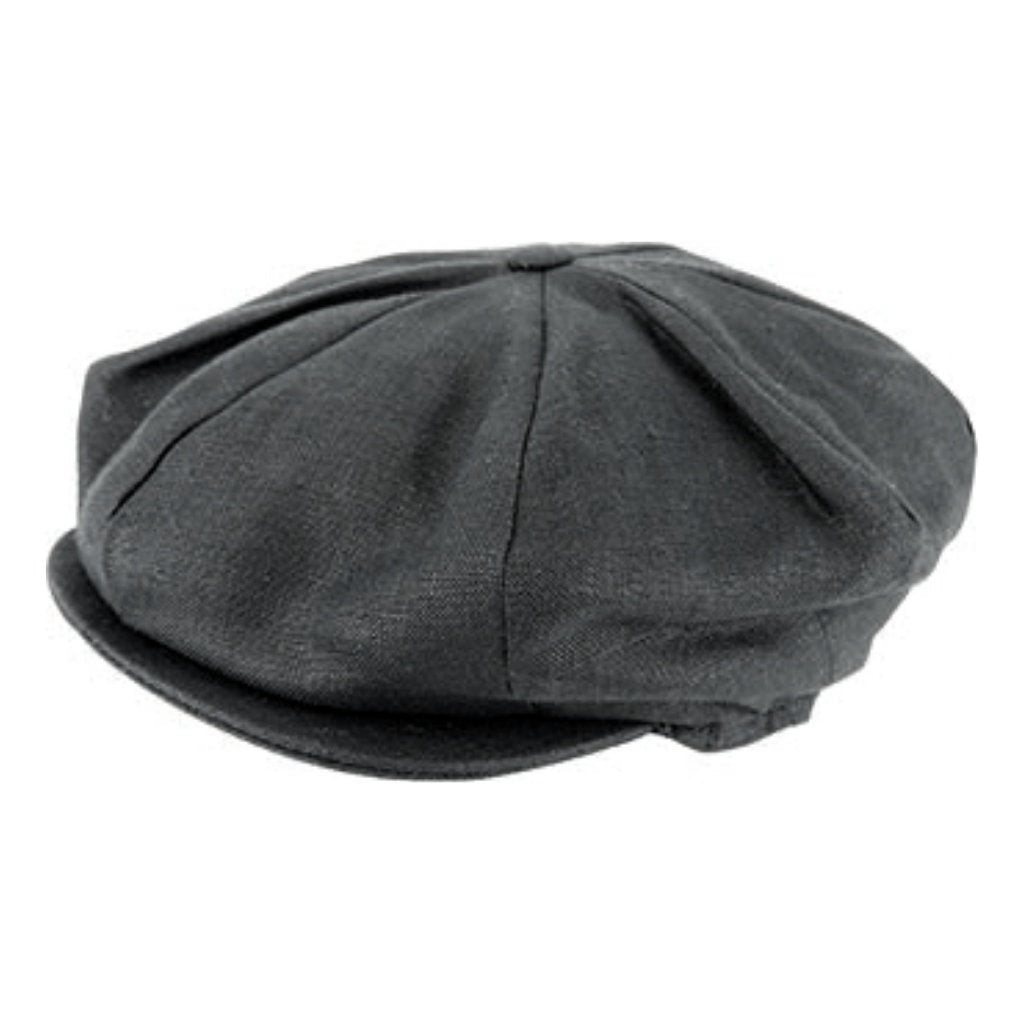 Side view of Hana Hats Vintage linen 8 piece black cap
