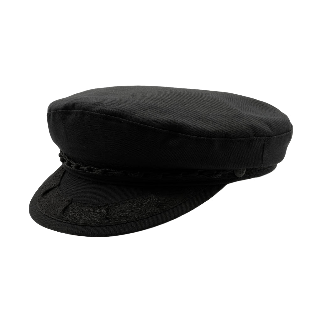 Strand Hatters, angle view of Avenel Greek Fishermans cotton Cap - black