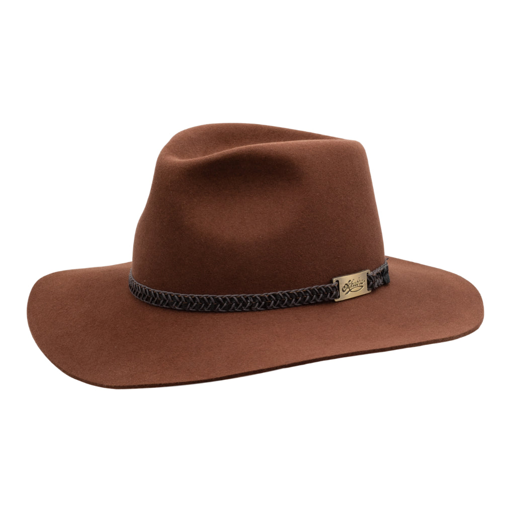 Angle view of Akubra Avalon hat in Jarrah colour