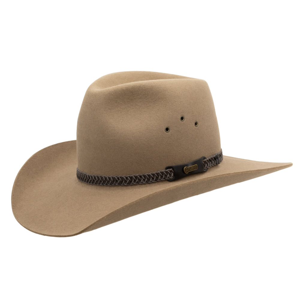 Angle view of Akubra Golden Spur Western style hat in Bran colour
