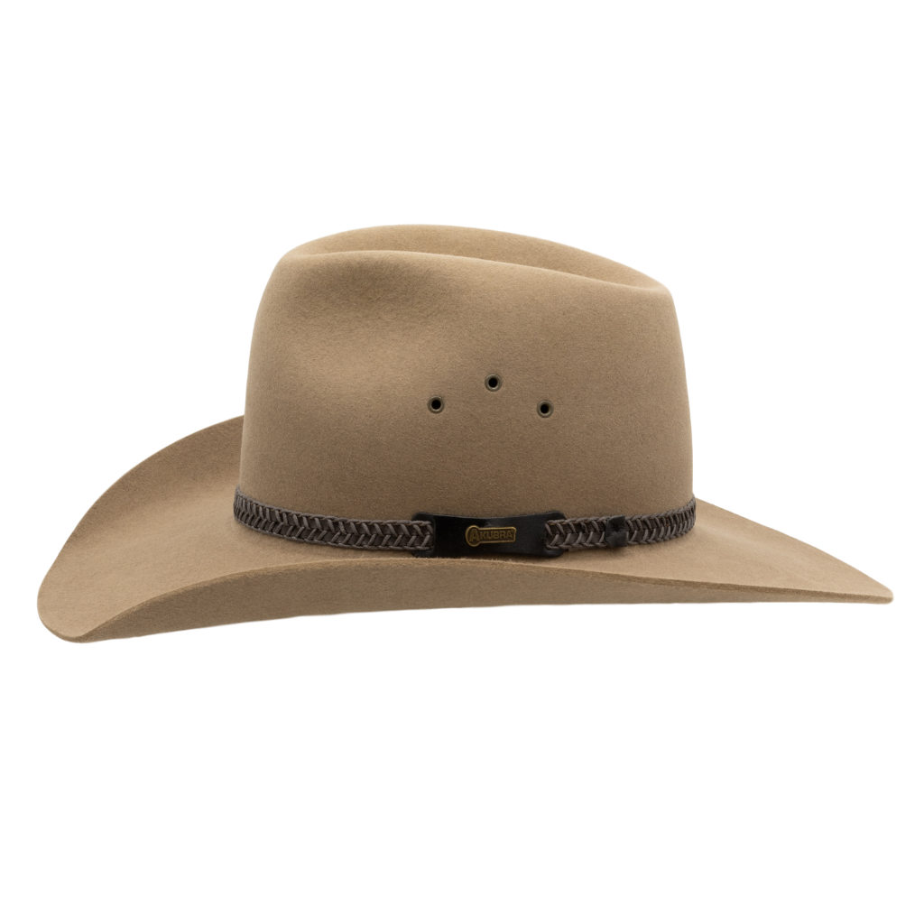 Side view of Akubra Golden Spur Western style hat in Bran colour