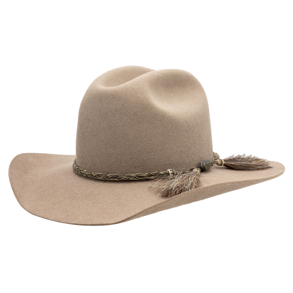 Angle view of Akubra Rough Rider Western style hat in Bran colour