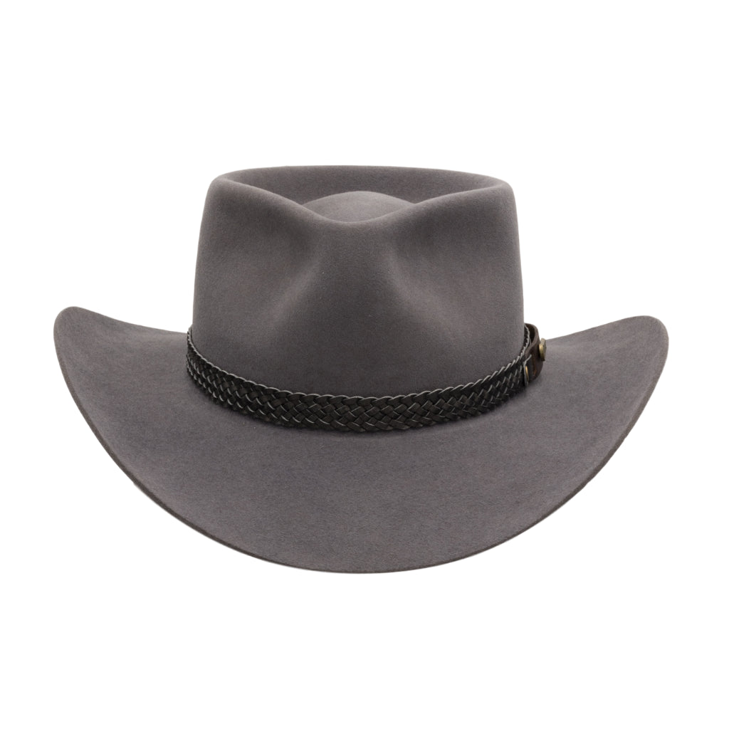 Front view of Akubra Snowy River hat in Glen Grey colour