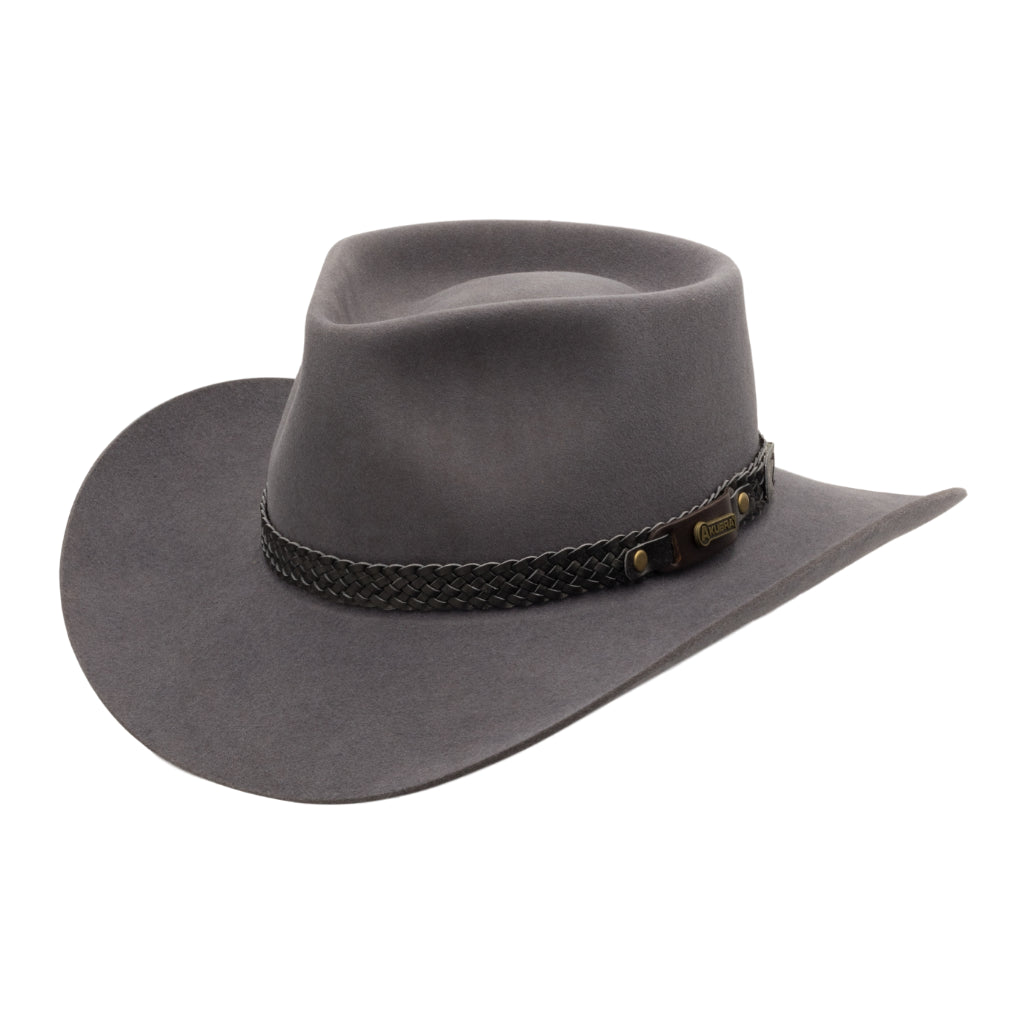 Angle view of Akubra Snowy River hat in Glen Grey colour