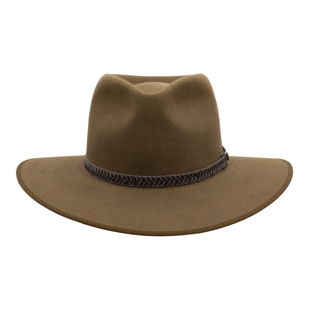 Front view of Akubra Tablelands Country style hat in Khaki colour