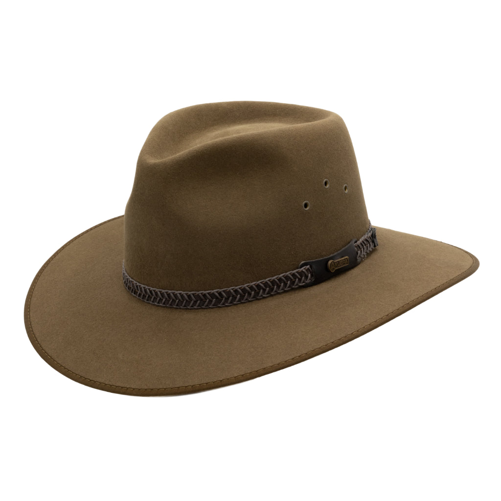 Angle view of Akubra Tablelands Country style hat in Khaki colour