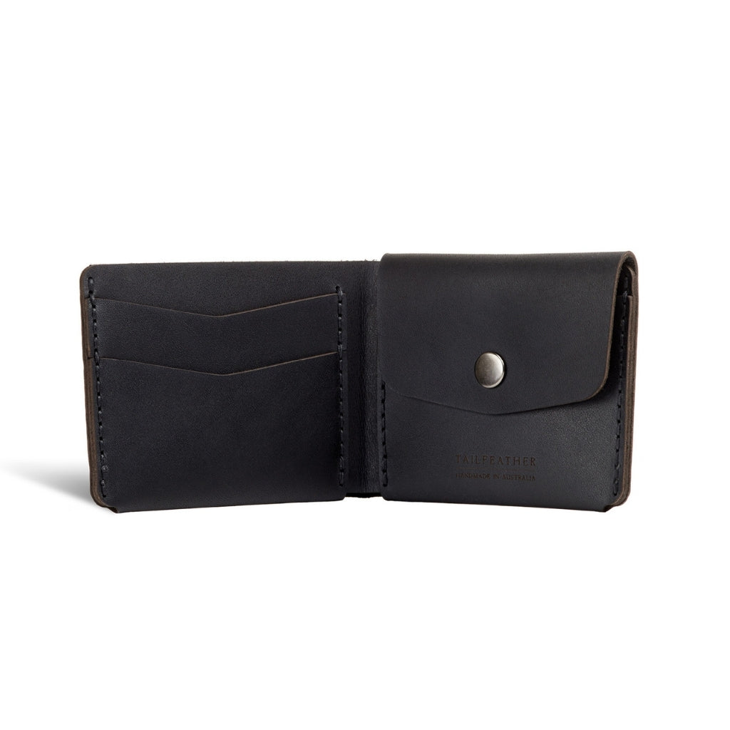 Black New Holland Coin style Tailfeather leather wallet - shown open.
