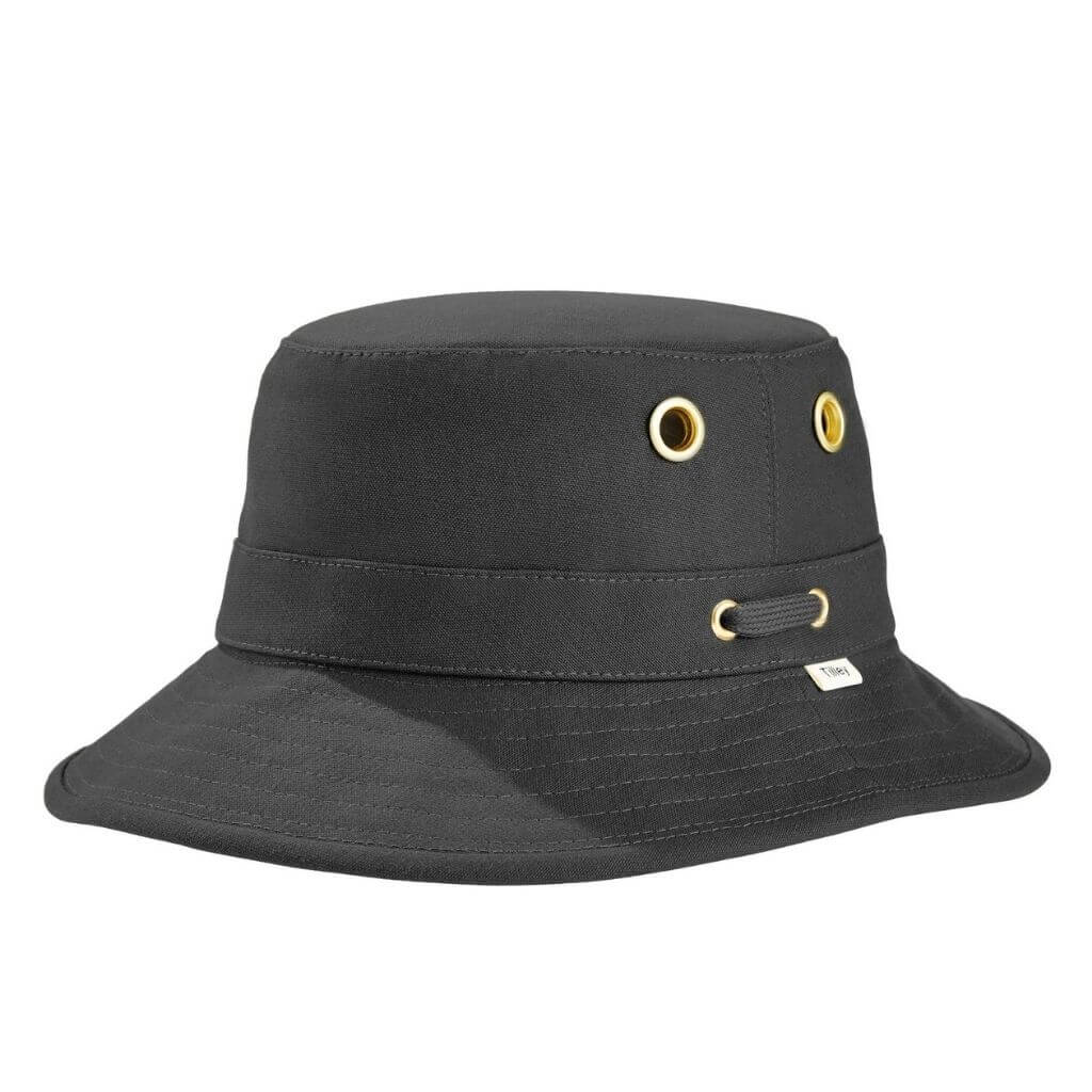 Angle view of Tilley T1 The Iconic bucket hat in black.
