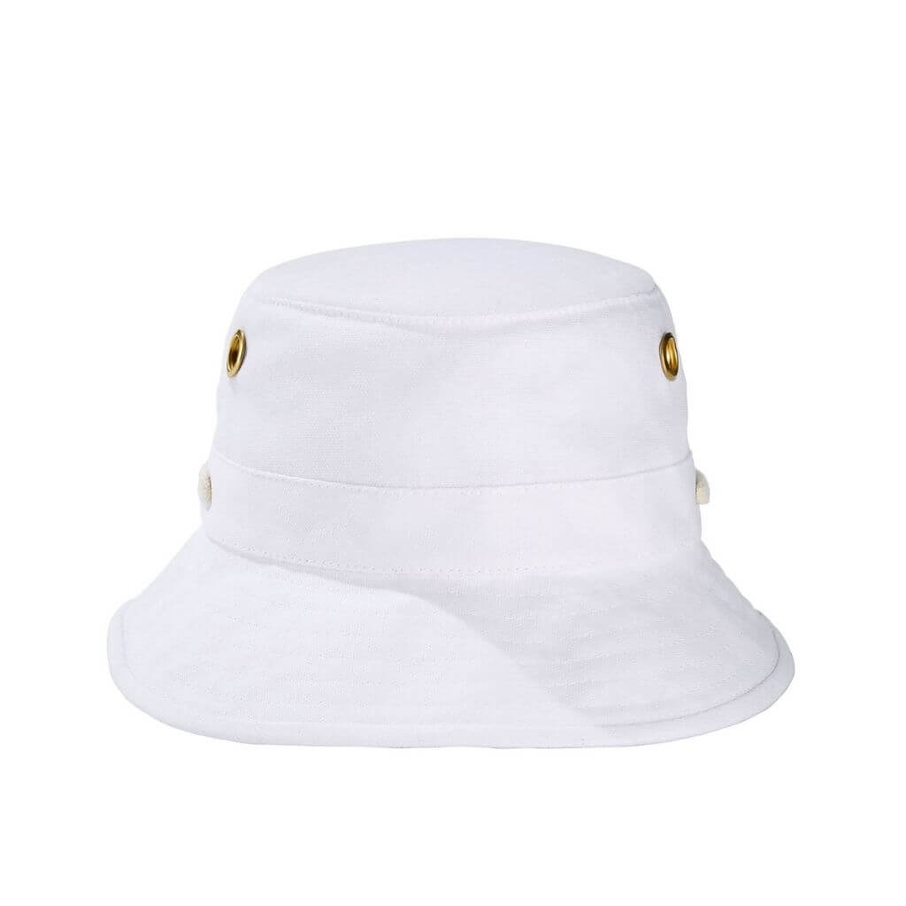 Side view of Tilley T1 The Iconic Bucket hat in white.