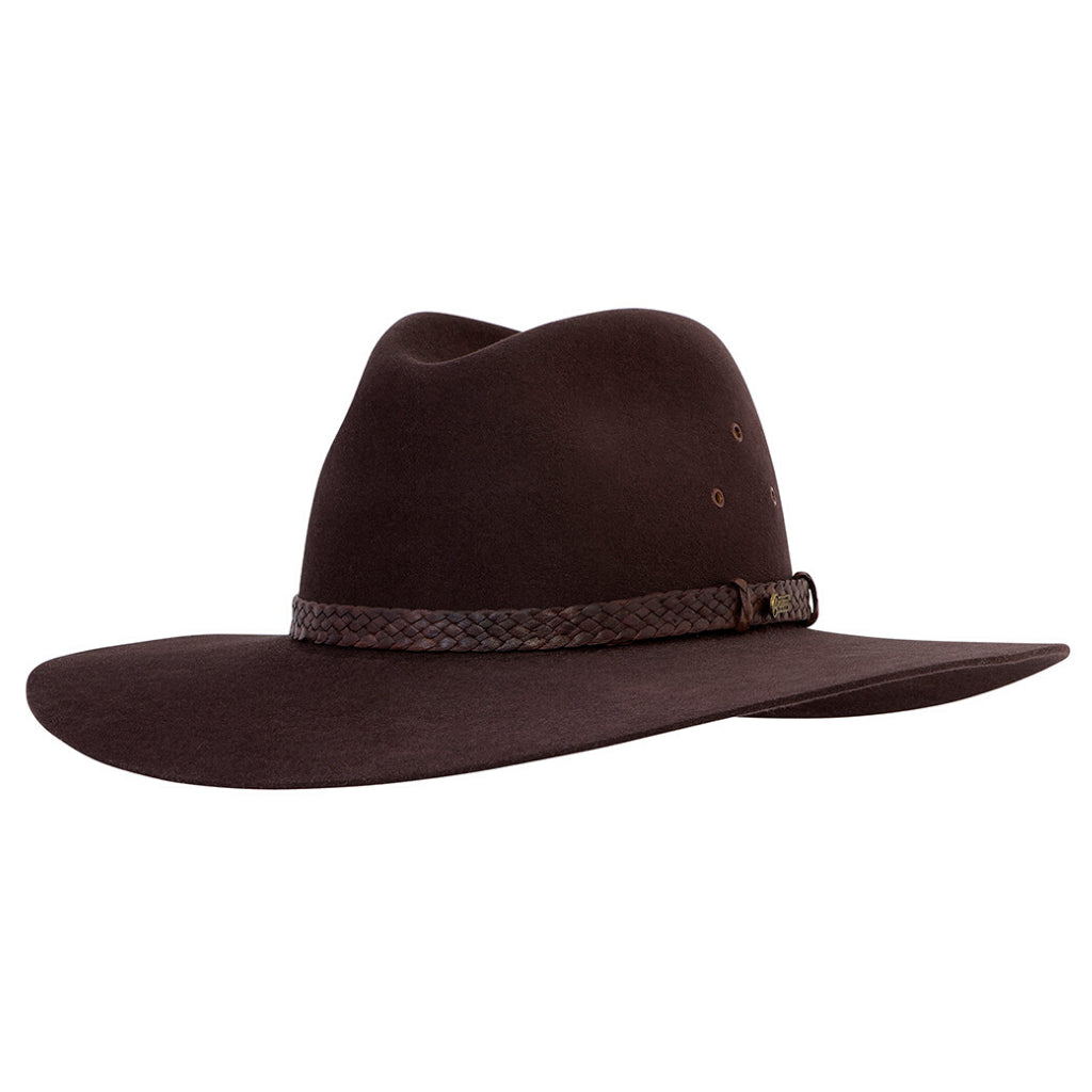 Angle view of Akubra Riverina hat in Loden colour