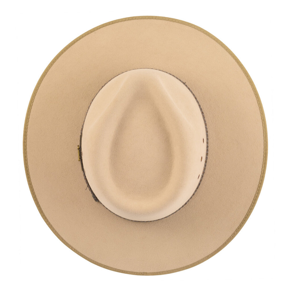 Top view of Akubra Tablelands hat in sand colour looking down on crown